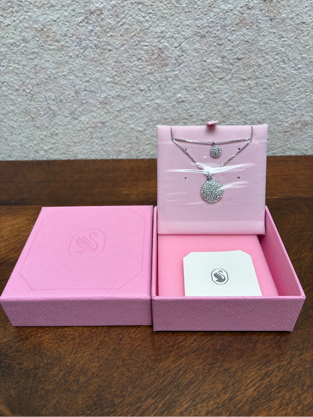 Swarovski Silver Pavé Circle Pendant Necklace Set - Pink Presentation Box NEW
